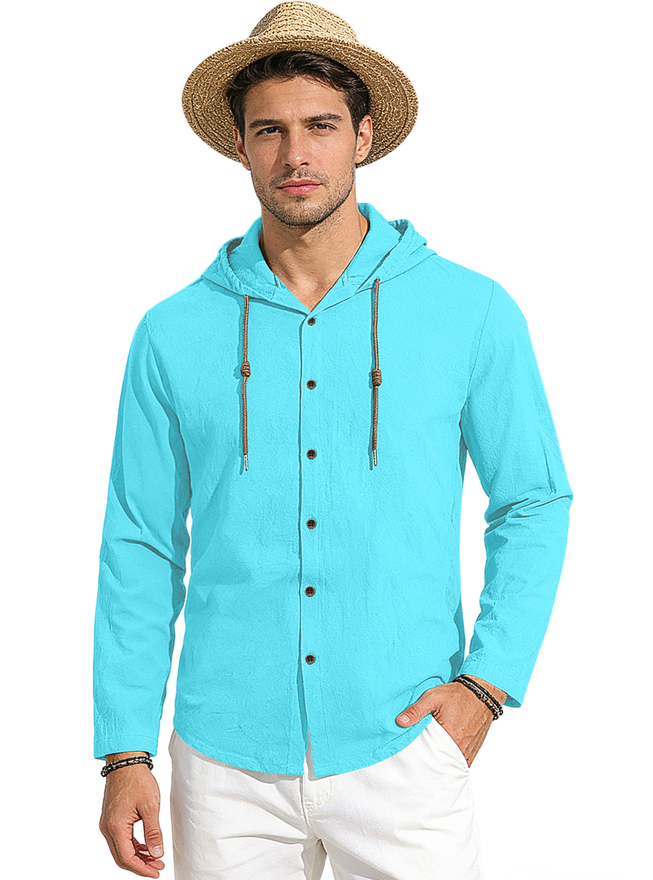 Clothes > Men's Clothing > Tops > Shirts Spring Summer Men's Cotton Linen Hooded T-Shirt Long Sleeve Shirt S-3XL