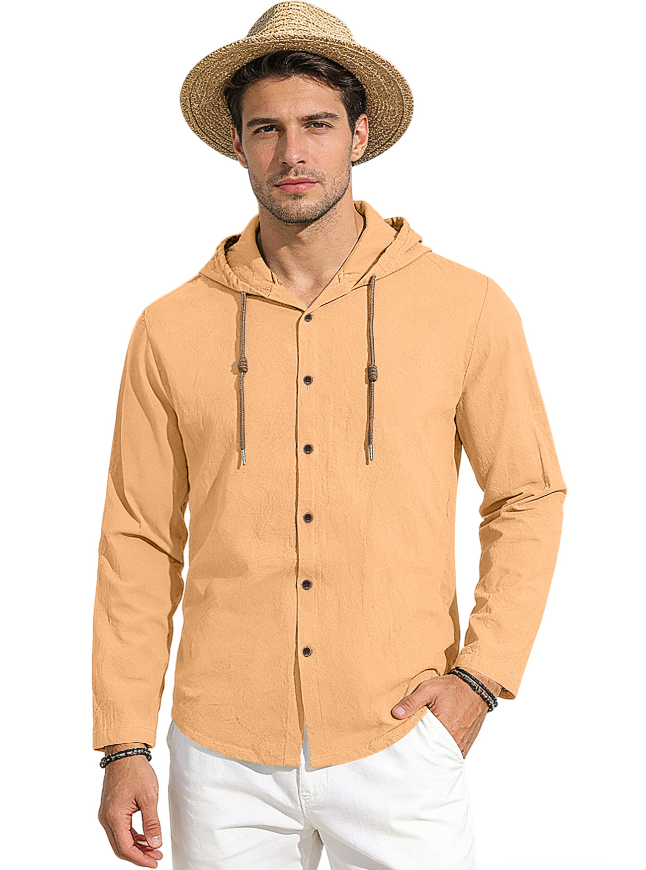 Clothes > Men's Clothing > Tops > Shirts Spring Summer Men's Cotton Linen Hooded T-Shirt Long Sleeve Shirt S-3XL