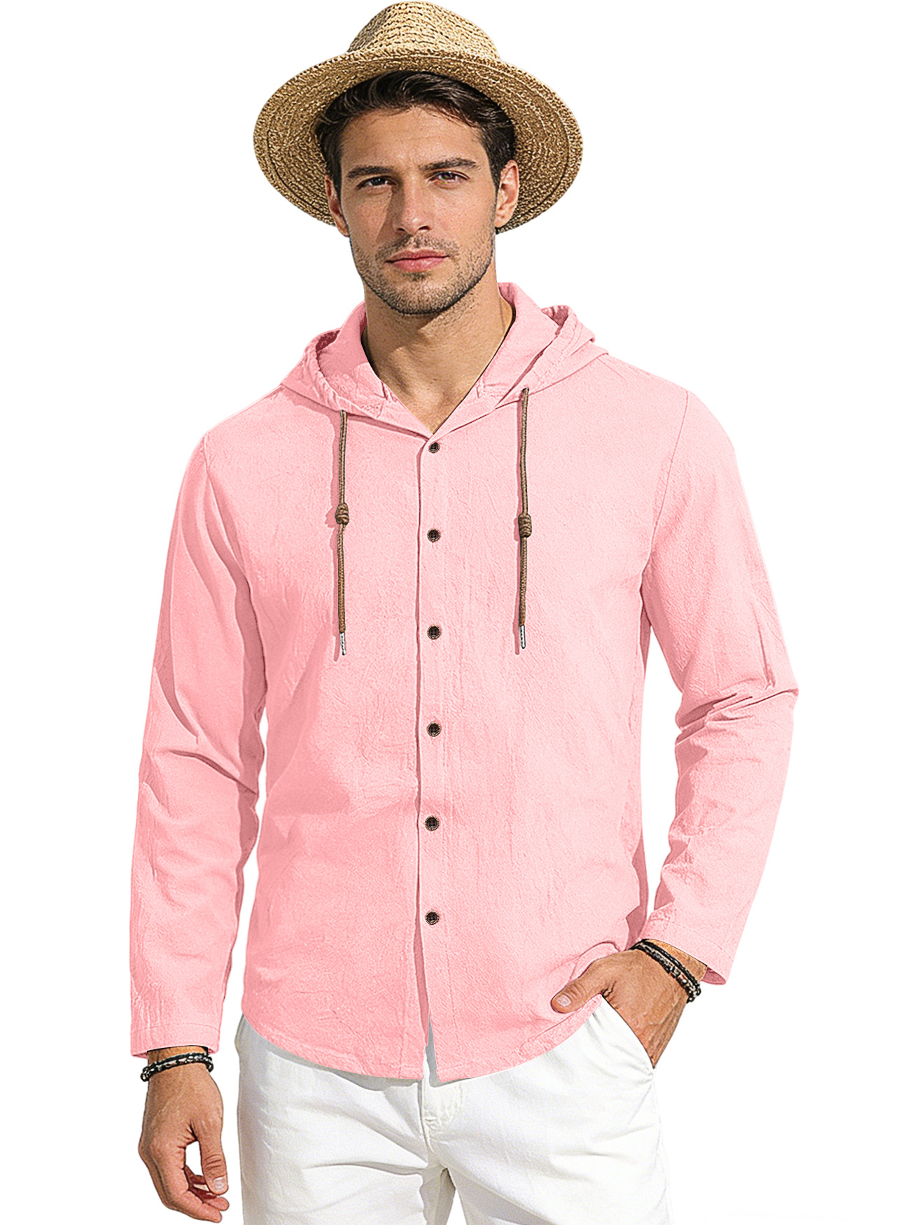 Clothes > Men's Clothing > Tops > Shirts Spring Summer Men's Cotton Linen Hooded T-Shirt Long Sleeve Shirt S-3XL