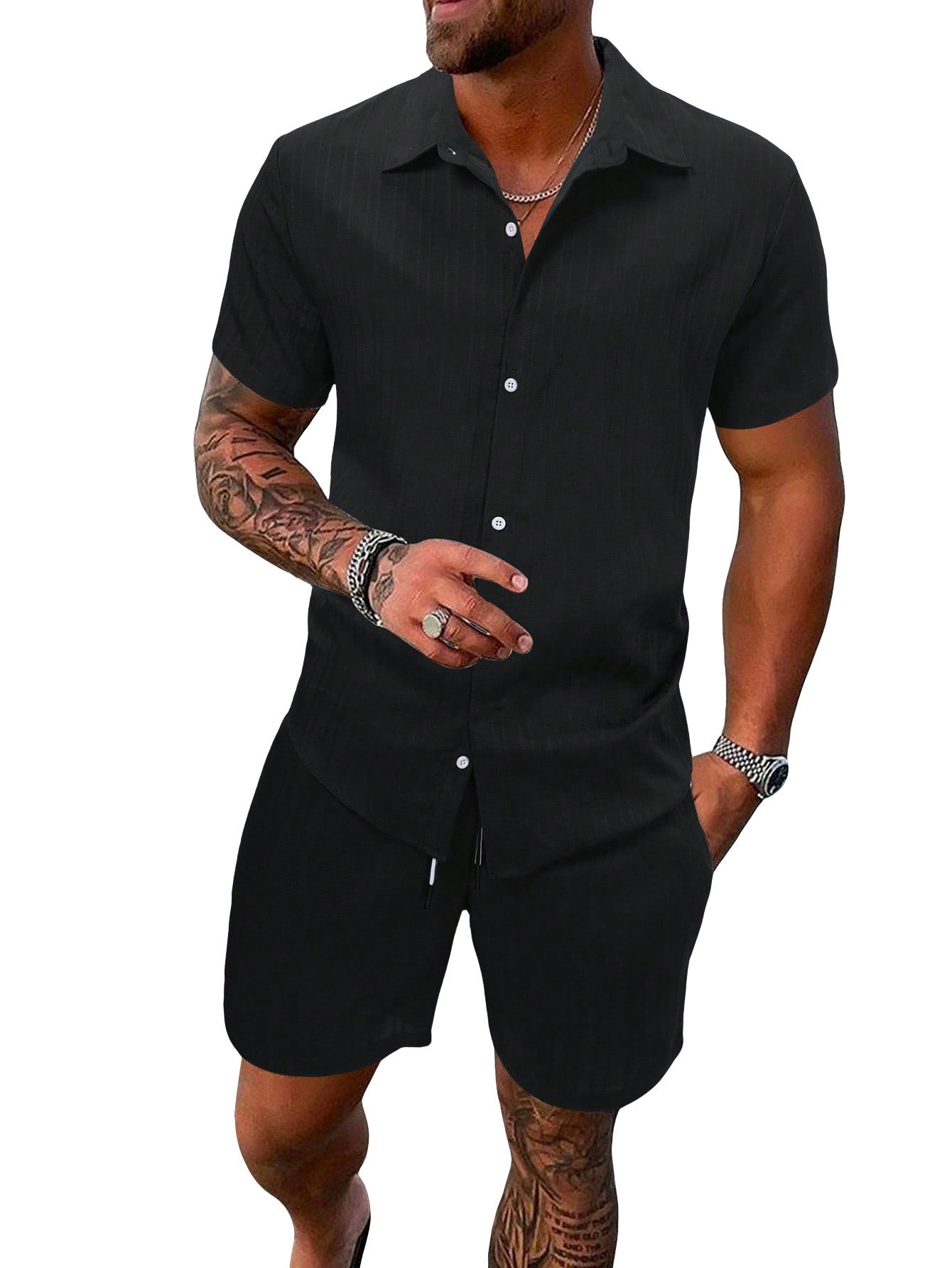 Clothes > Men's Clothing > Clothing Sets > Two-Piece Outfits  Summer Men's Short Sleeve Lapel T-Shirt Suit S-2XL