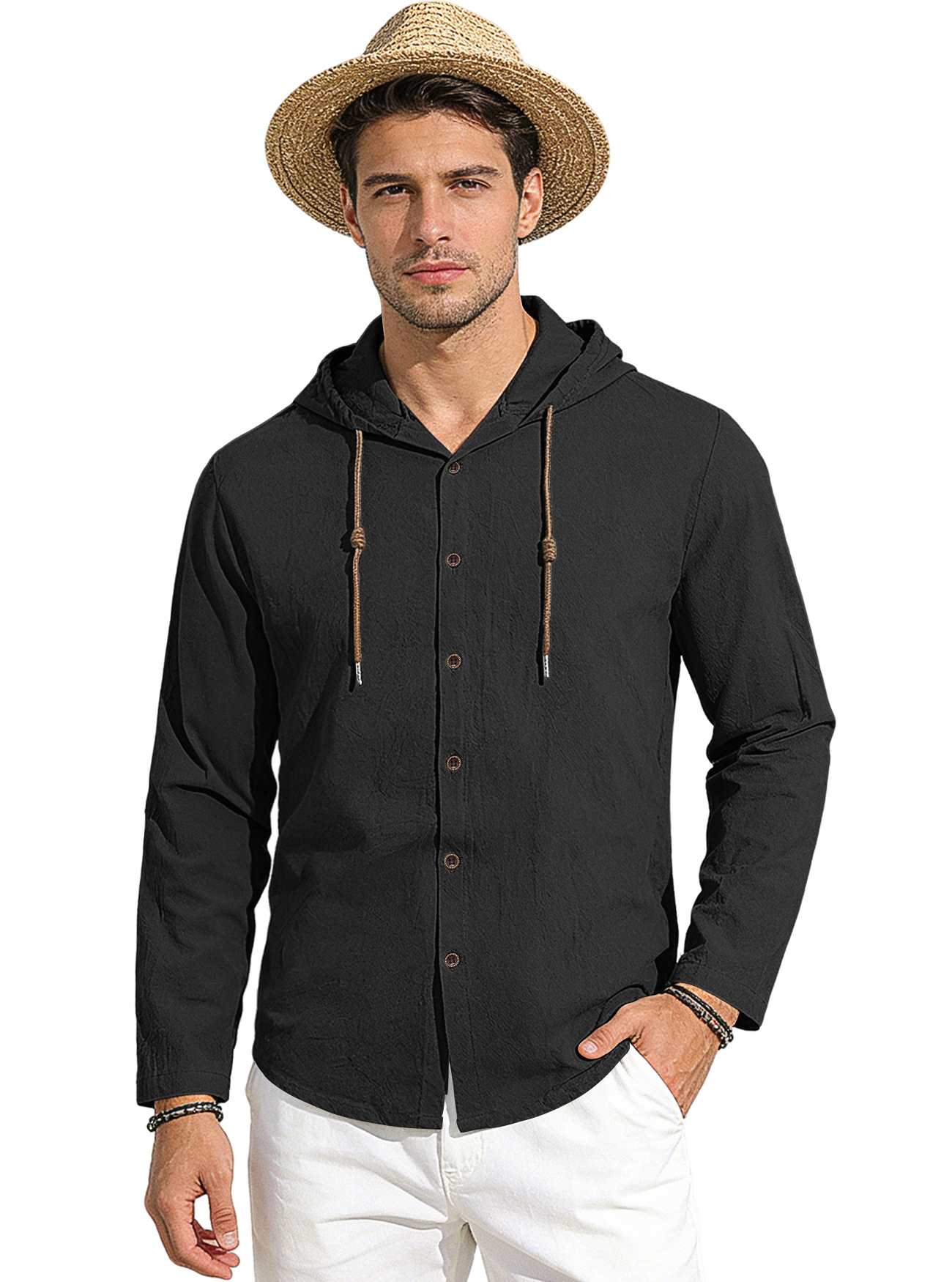 Clothes > Men's Clothing > Tops > Shirts Spring Summer Men's Cotton Linen Hooded T-Shirt Long Sleeve Shirt S-3XL