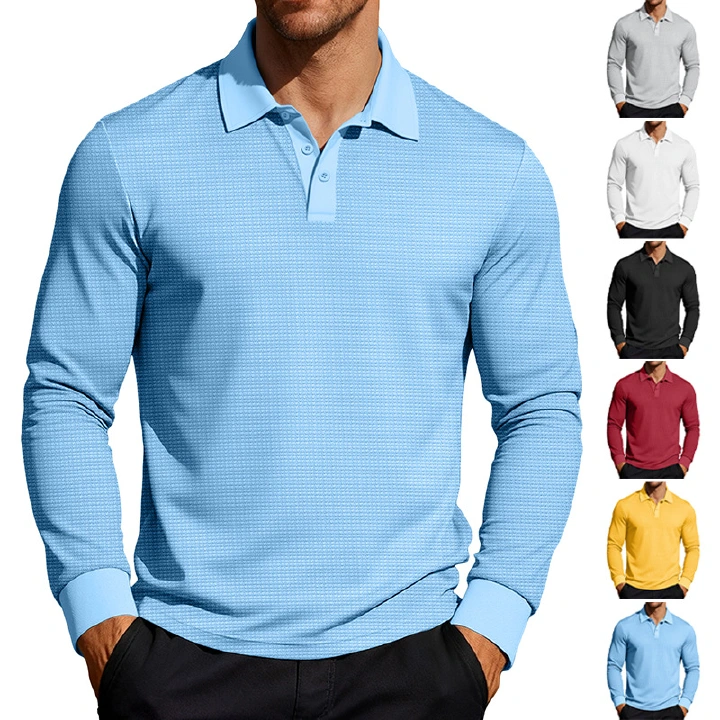Clothes > Men's Clothing > Tops > Shirts  Waffle Men Long Sleeve Polo Shirt Casual Leisure T-Shirt