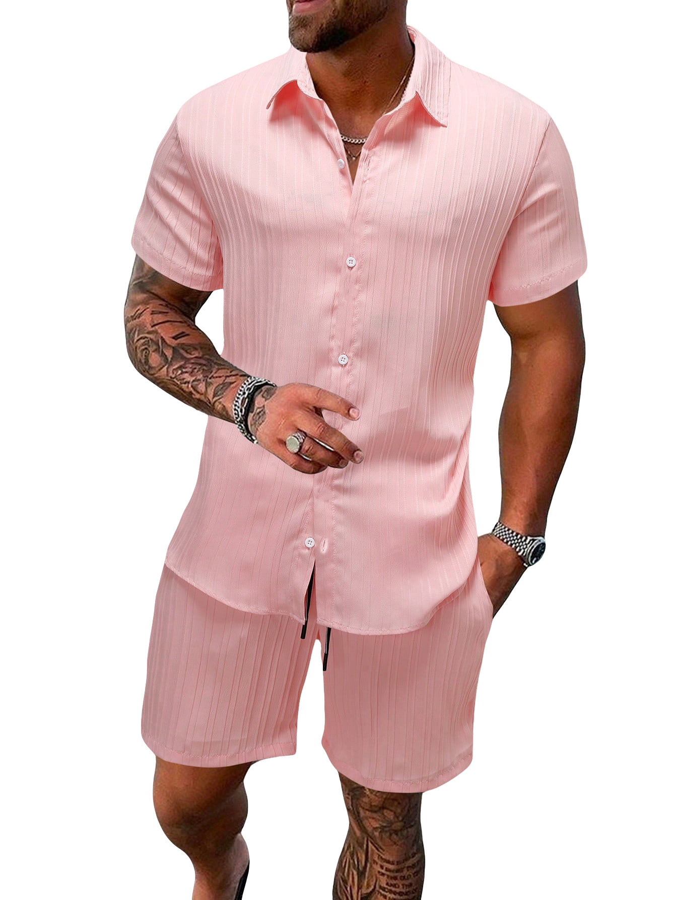 Clothes > Men's Clothing > Clothing Sets > Two-Piece Outfits  Summer Men's Short Sleeve Lapel T-Shirt Suit S-2XL