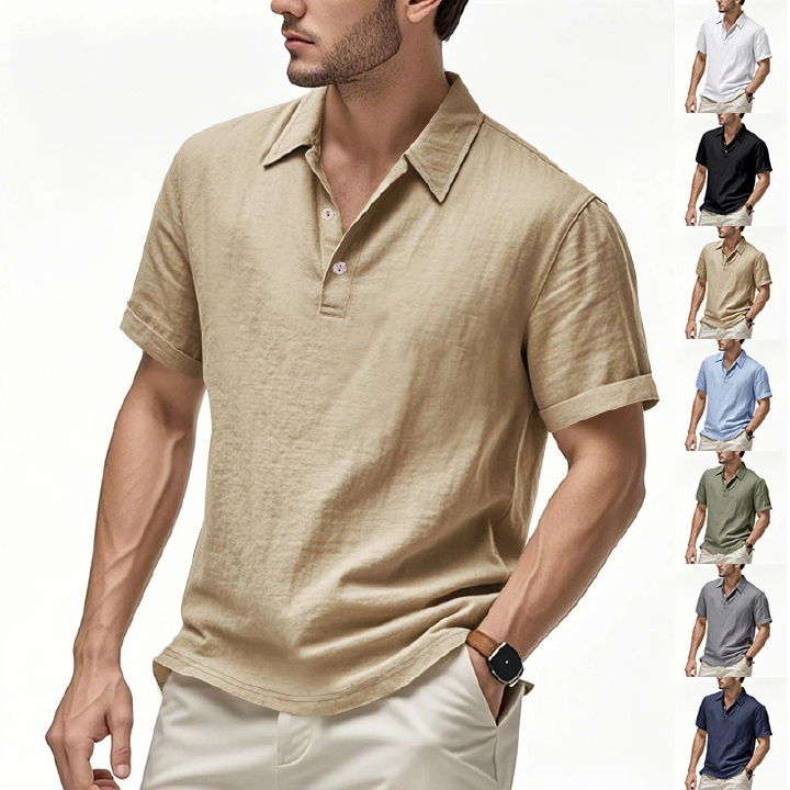 Clothes > Men's Clothing > Tops > T-Shirts  Summer Men's Linen Polo Shirt With Lapel Loose Short Sleeve T-Shirt