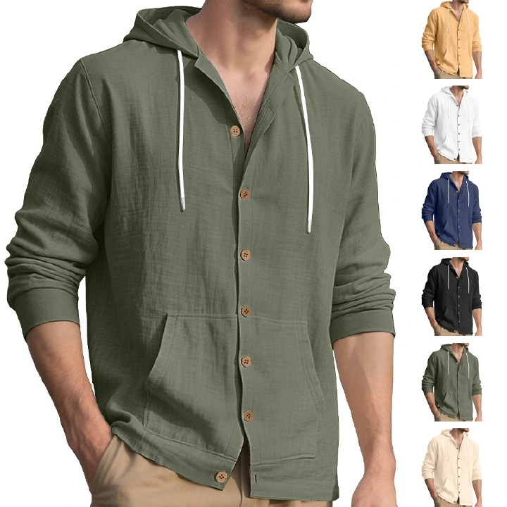 Clothes > Men's Clothing > Tops > Shirts  Men's Casual Hooded Long Sleeve Cotton Linen Shirt S-3XL