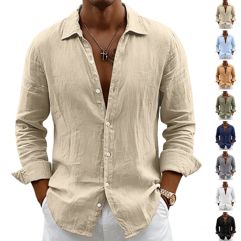 Clothes > Men's Clothing > Tops > Shirts  Men's Linen Shirt with Loose Lapels and Long Sleeves