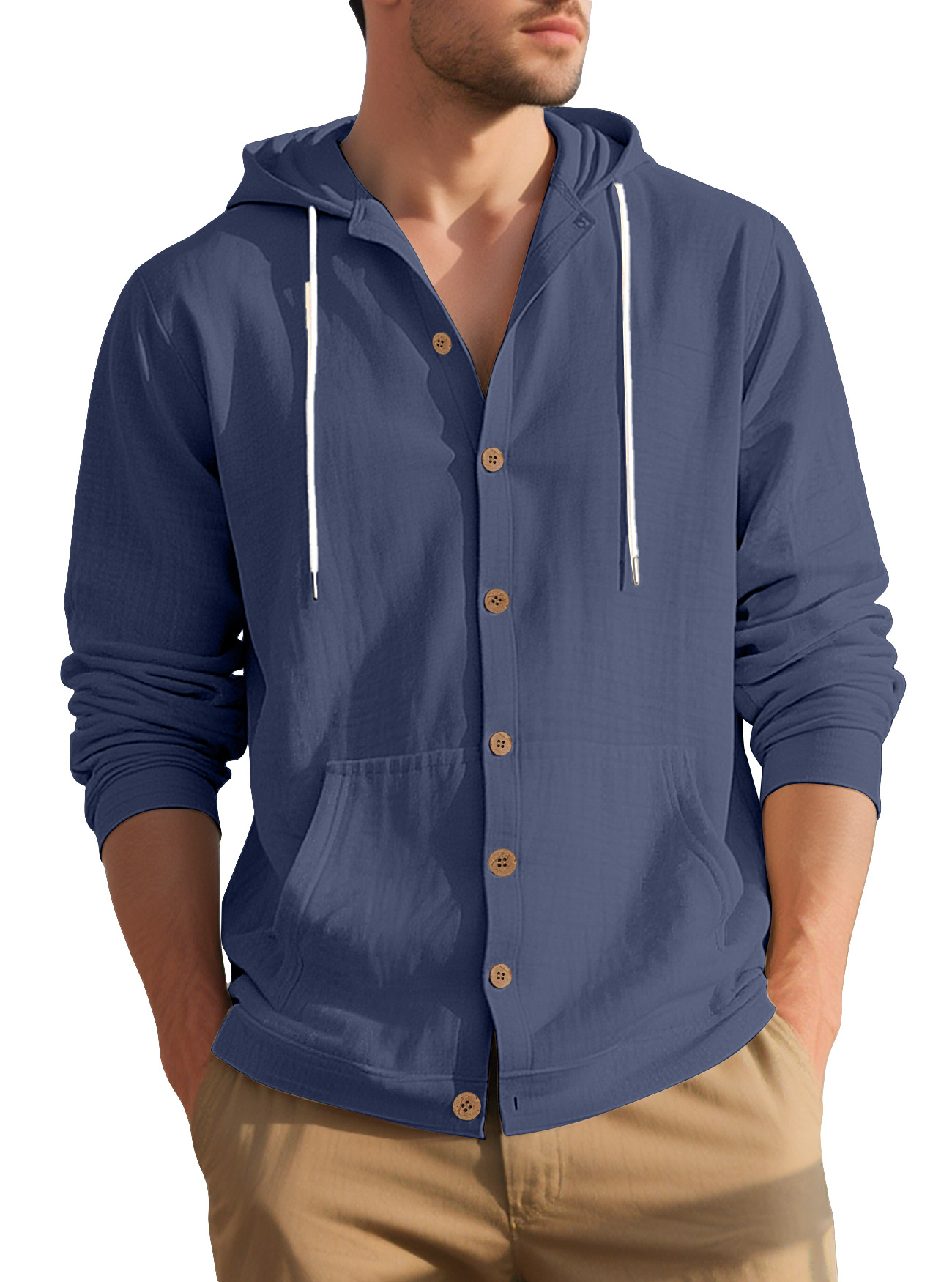 Clothes > Men's Clothing > Tops > Shirts  Men's Casual Hooded Long Sleeve Cotton Linen Shirt S-3XL
