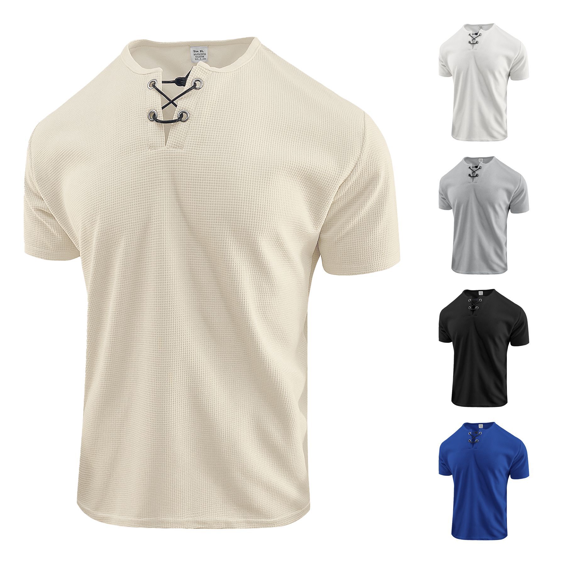Clothes > Men's Clothing > Tops > T-Shirts  Men's Loose Fit Lace-Up Short Sleeve T-Shirt S-XXL