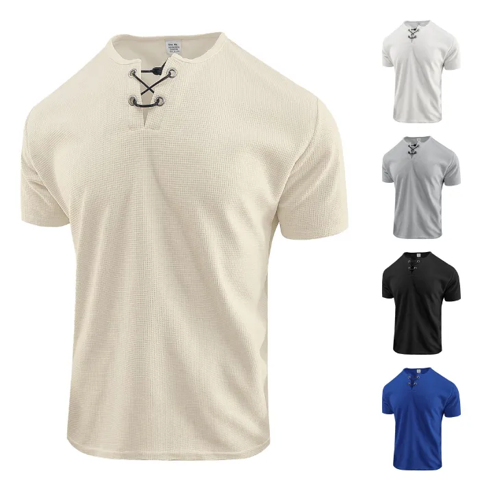 Clothes > Men's Clothing > Tops > T-Shirts  Men's Loose Fit Lace-Up Short Sleeve T-Shirt S-XXL