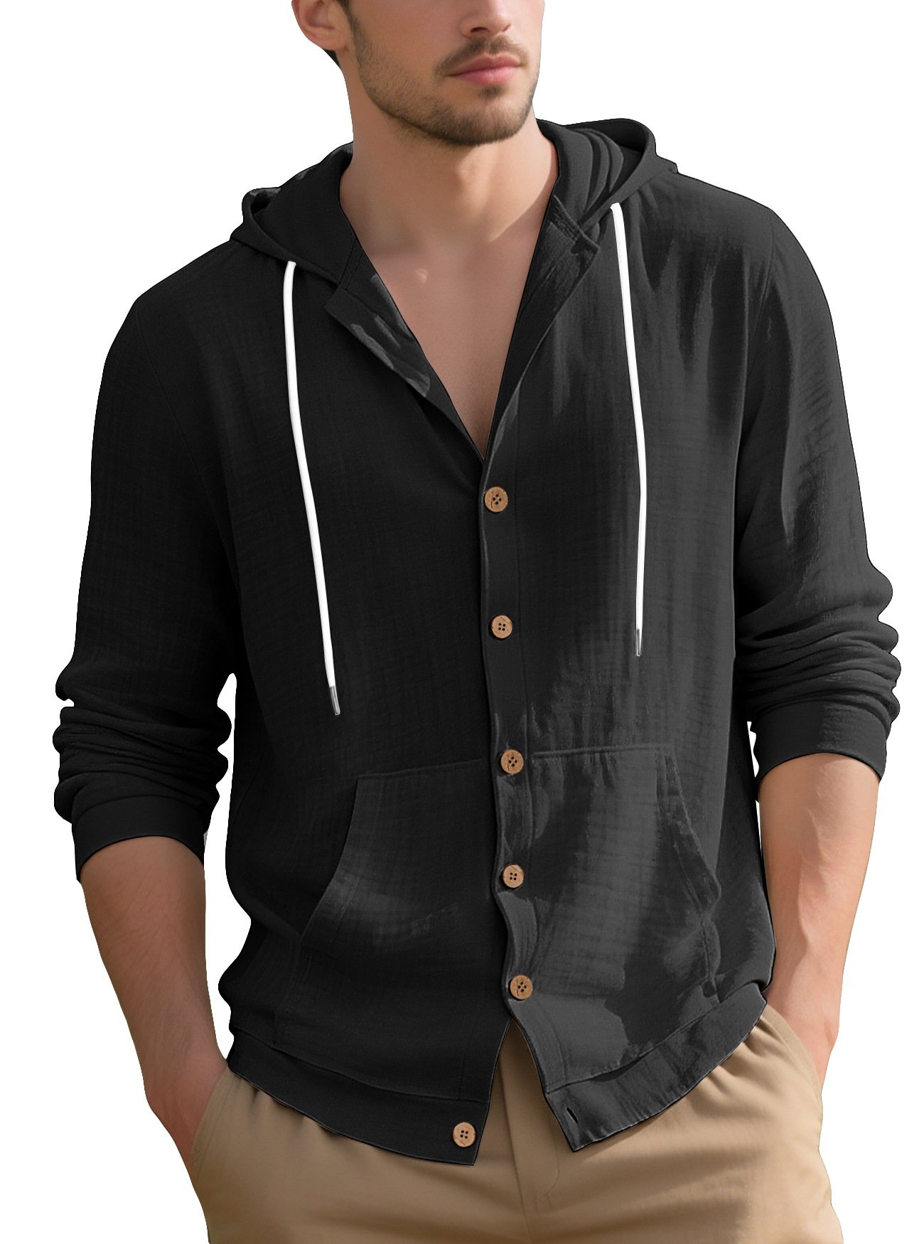 Clothes > Men's Clothing > Tops > Shirts  Men's Casual Hooded Long Sleeve Cotton Linen Shirt S-3XL
