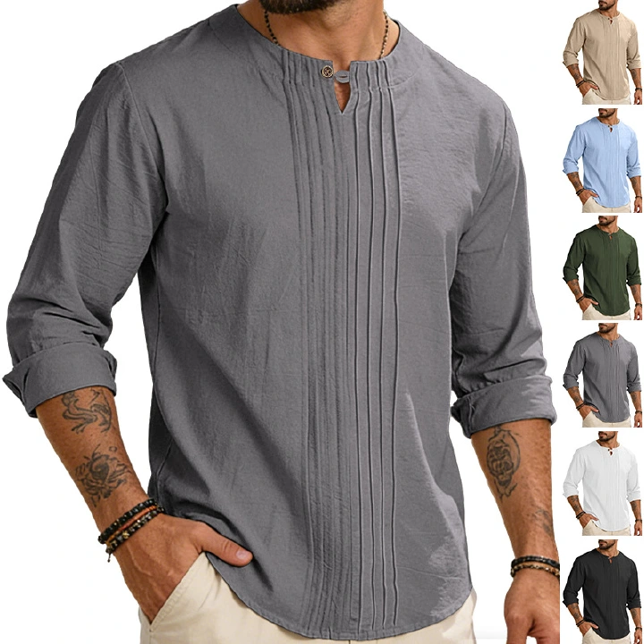 Clothes > Men's Clothing > Tops > Shirts  Men's Summer O-Neck Long Sleeve Loose Shirt