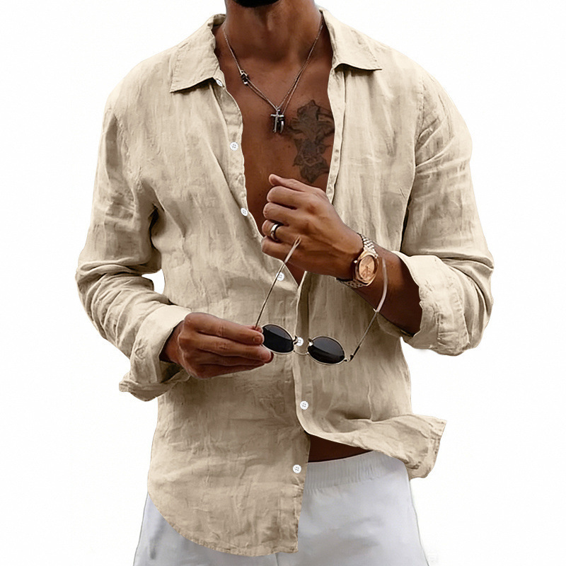 Clothes > Men's Clothing > Tops > Shirts  Men's Linen Shirt with Loose Lapels and Long Sleeves