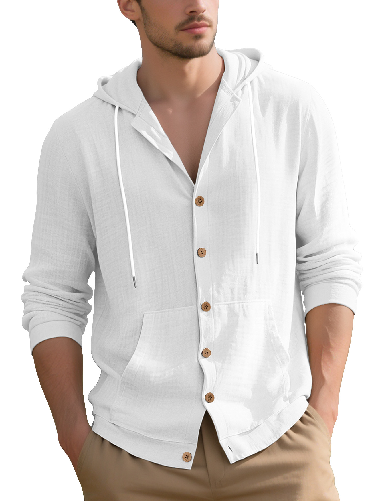 Clothes > Men's Clothing > Tops > Shirts  Men's Casual Hooded Long Sleeve Cotton Linen Shirt S-3XL