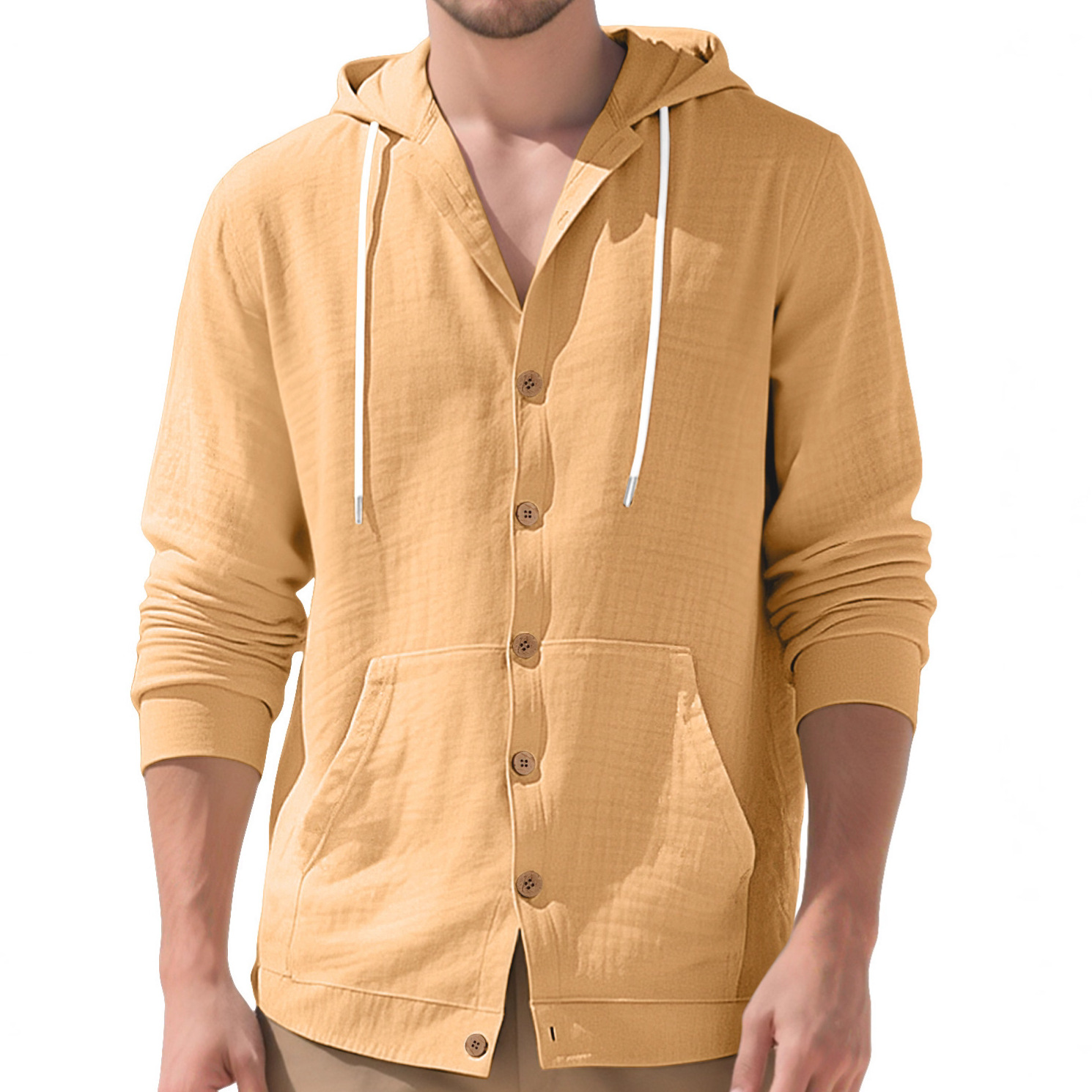 Clothes > Men's Clothing > Tops > Shirts  Men's Casual Hooded Long Sleeve Cotton Linen Shirt S-3XL