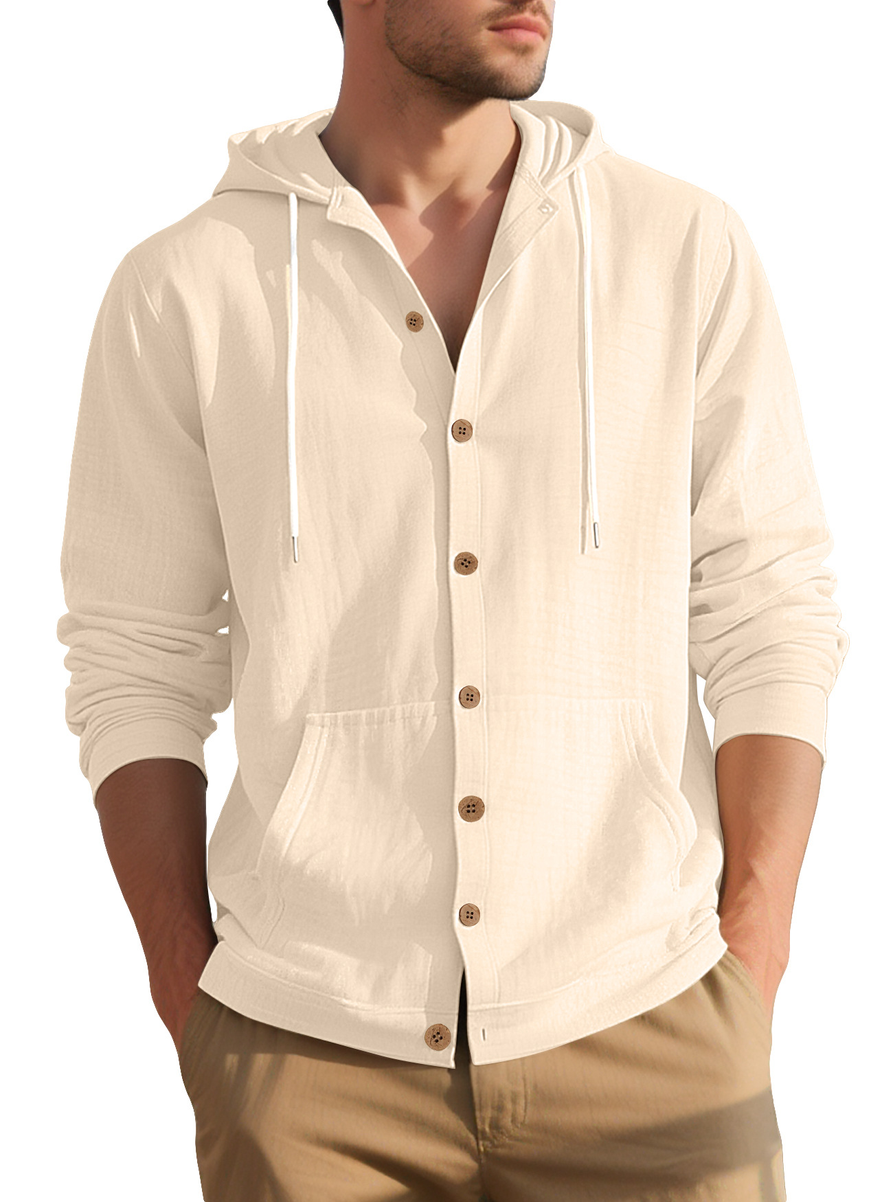 Clothes > Men's Clothing > Tops > Shirts  Men's Casual Hooded Long Sleeve Cotton Linen Shirt S-3XL