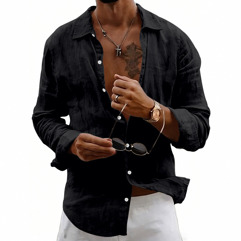 Clothes > Men's Clothing > Tops > Shirts  Men's Linen Shirt with Loose Lapels and Long Sleeves