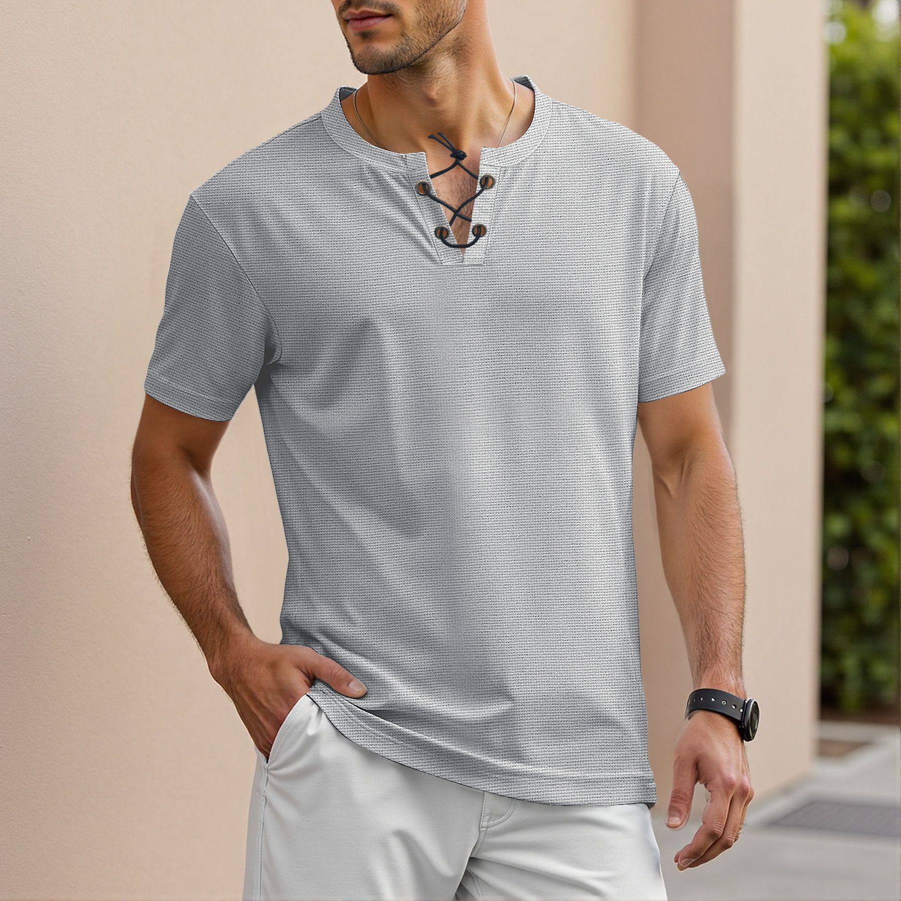 Clothes > Men's Clothing > Tops > T-Shirts  Men's Loose Fit Lace-Up Short Sleeve T-Shirt S-XXL
