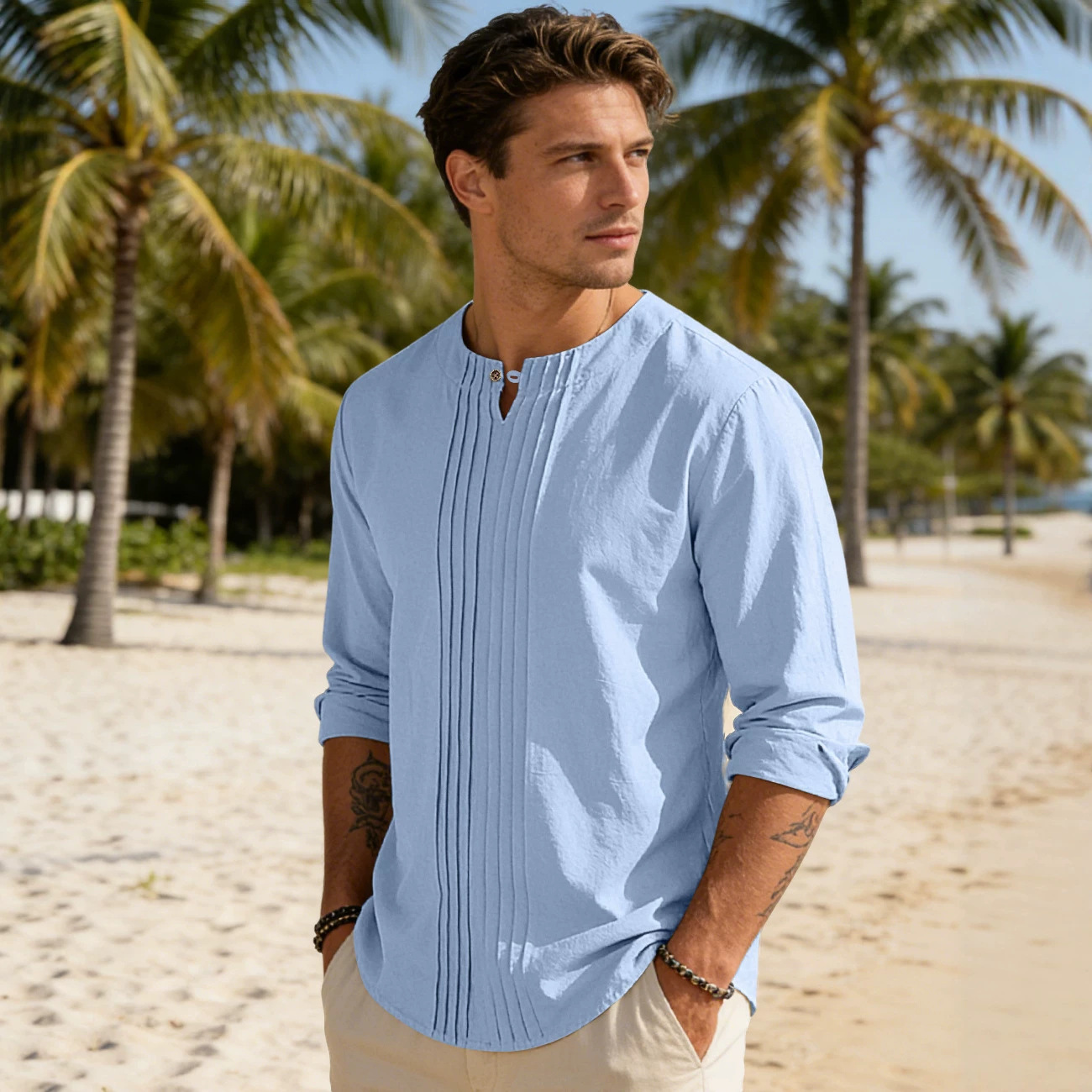 Clothes > Men's Clothing > Tops > Shirts  Men's Summer O-Neck Long Sleeve Loose Shirt