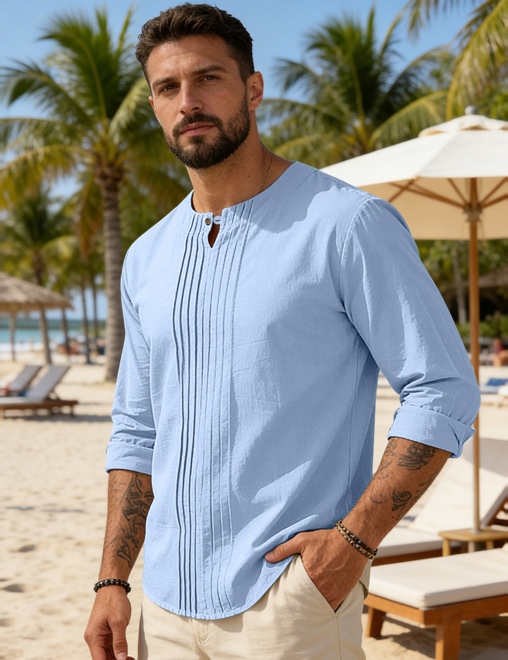 Clothes > Men's Clothing > Tops > Shirts  Men's Summer O-Neck Long Sleeve Loose Shirt