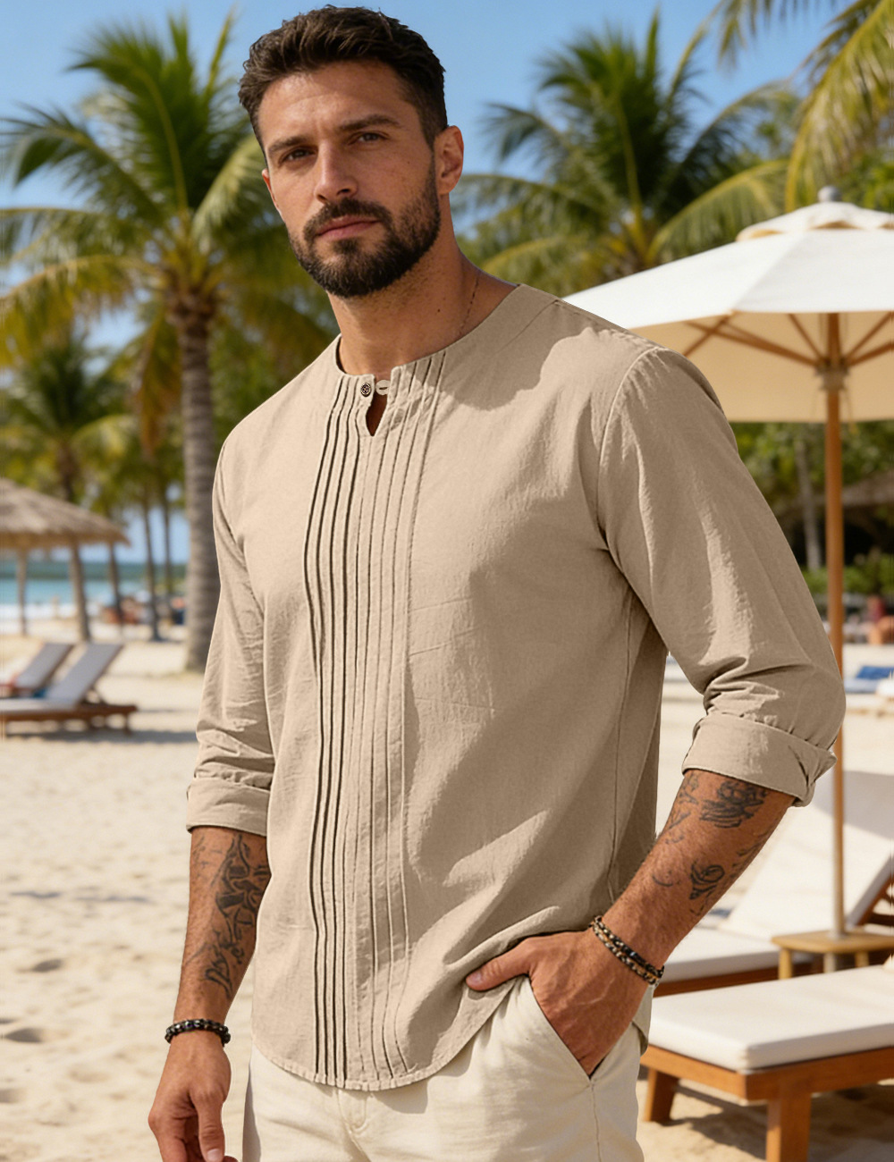 Clothes > Men's Clothing > Tops > Shirts  Men's Summer O-Neck Long Sleeve Loose Shirt