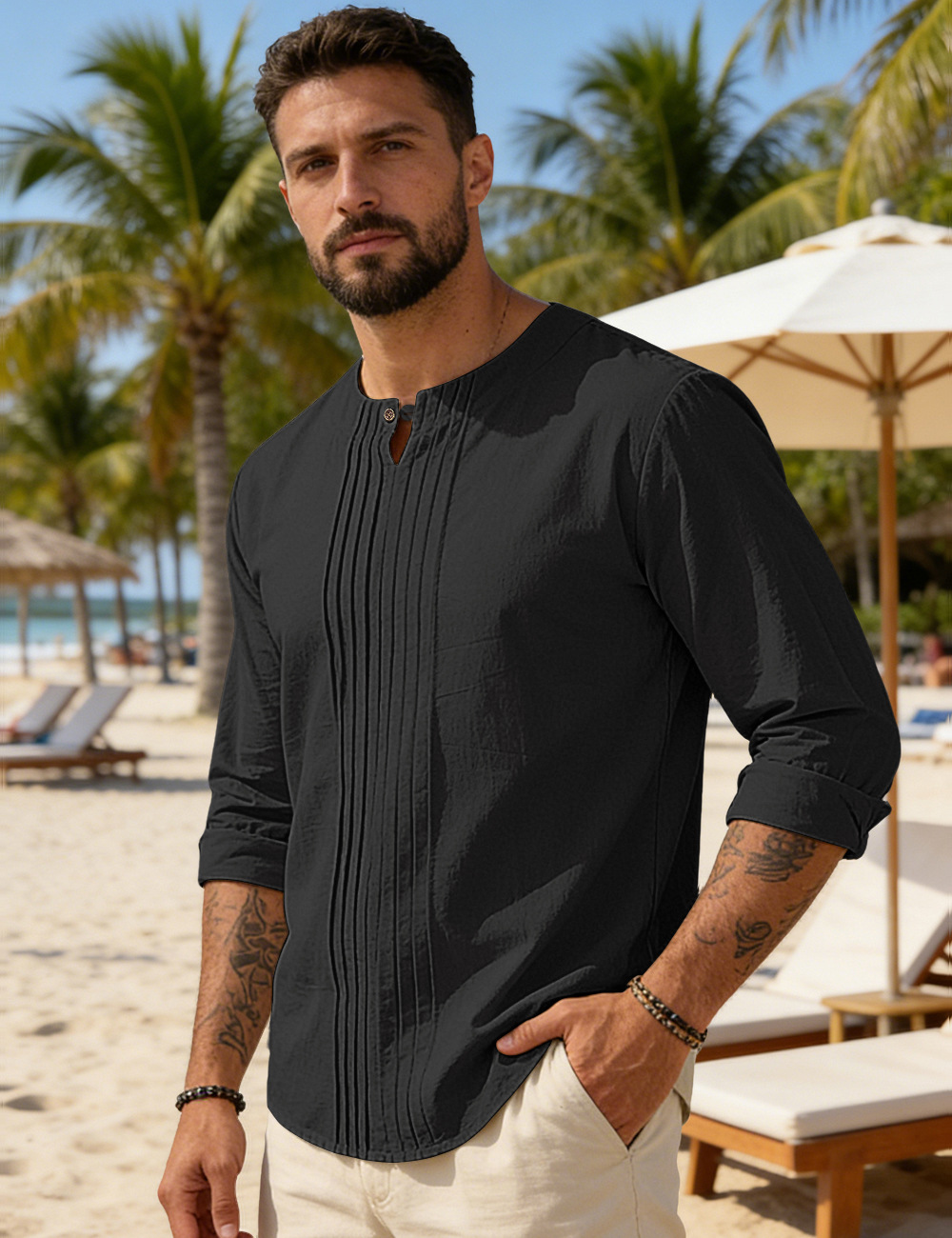 Clothes > Men's Clothing > Tops > Shirts  Men's Summer O-Neck Long Sleeve Loose Shirt