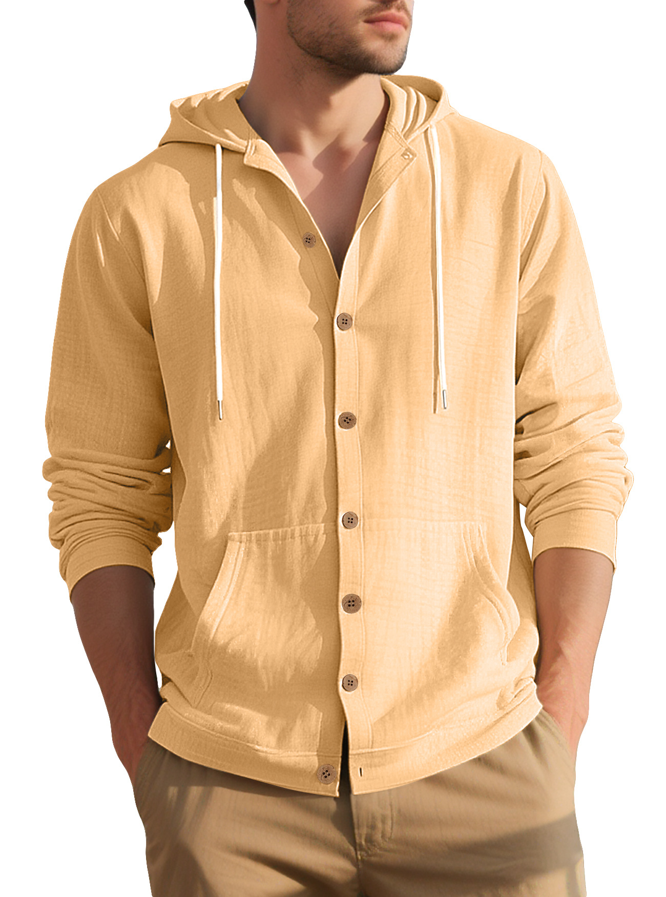 Clothes > Men's Clothing > Tops > Shirts  Men's Casual Hooded Long Sleeve Cotton Linen Shirt S-3XL