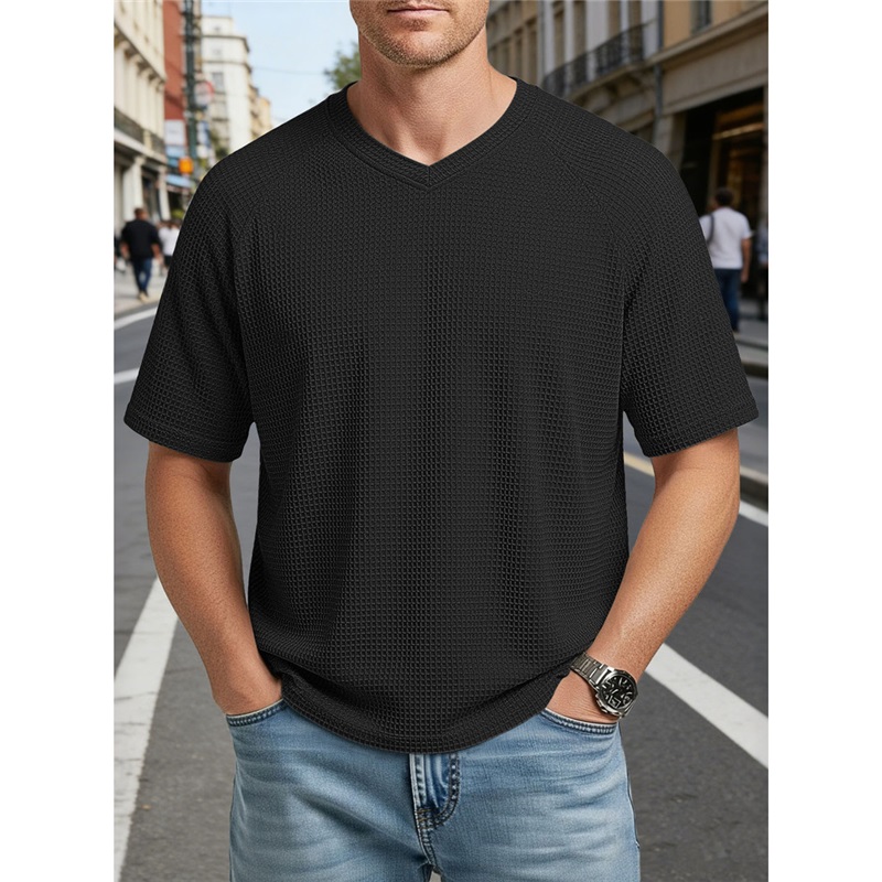 Clothes > Men's Clothing > Tops > T-Shirts  Men's Fashionable V-Neck Short-Sleeve Knitted T-Shirt S-3XL