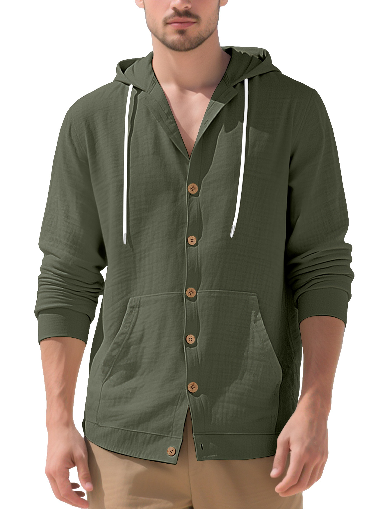 Clothes > Men's Clothing > Tops > Shirts  Men's Casual Hooded Long Sleeve Cotton Linen Shirt S-3XL
