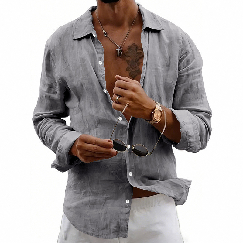 Clothes > Men's Clothing > Tops > Shirts  Men's Linen Shirt with Loose Lapels and Long Sleeves