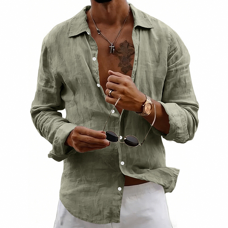 Clothes > Men's Clothing > Tops > Shirts  Men's Linen Shirt with Loose Lapels and Long Sleeves