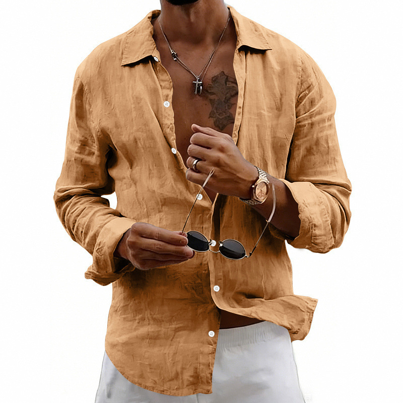 Clothes > Men's Clothing > Tops > Shirts  Men's Linen Shirt with Loose Lapels and Long Sleeves