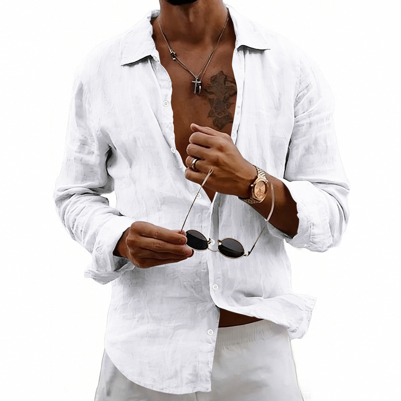 Clothes > Men's Clothing > Tops > Shirts  Men's Linen Shirt with Loose Lapels and Long Sleeves