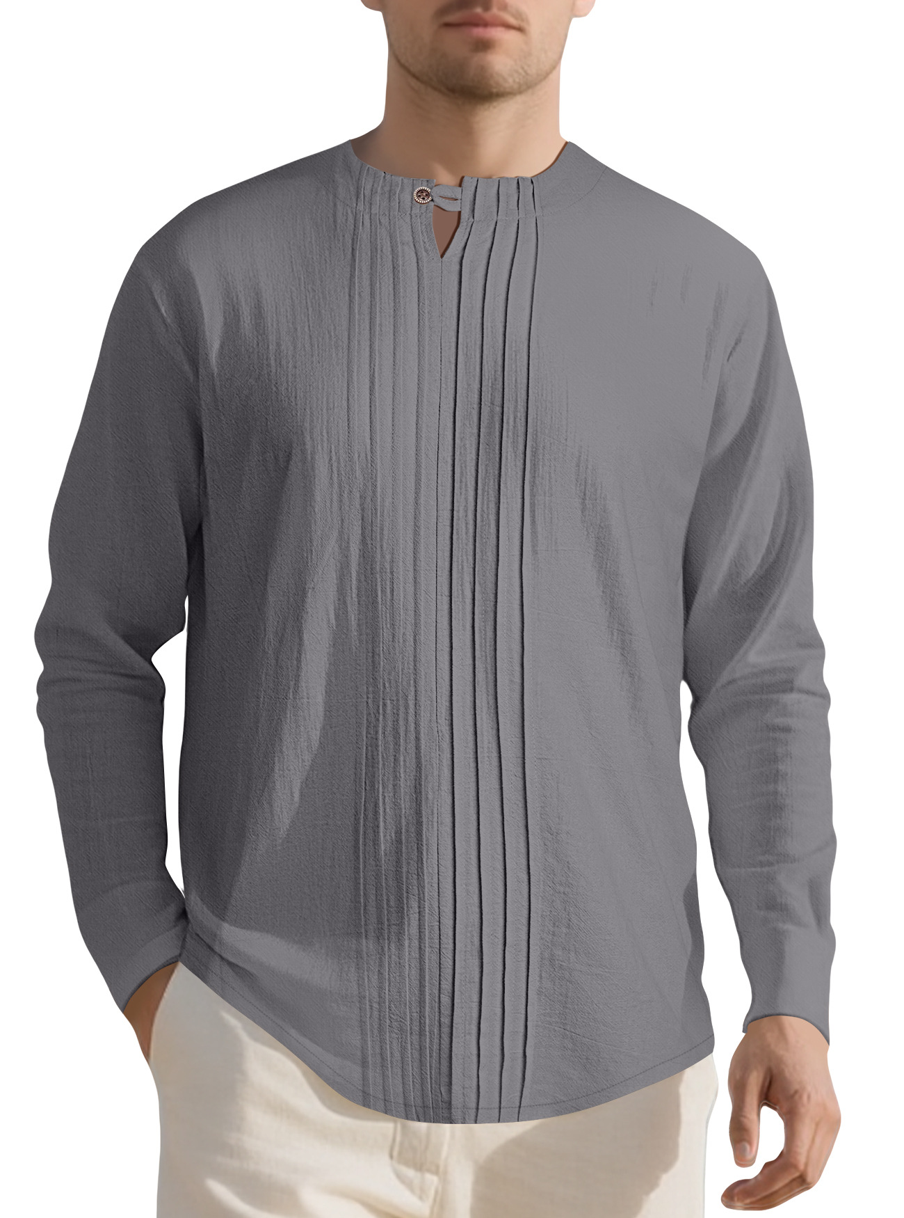 Clothes > Men's Clothing > Tops > Shirts Men's Crew Neck Long Sleeve Button Down Shirt S-3XL