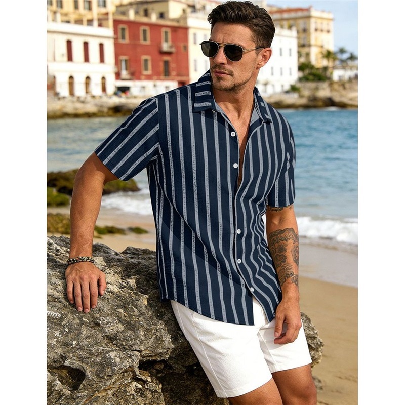Clothes > Men's Clothing > Tops > T-Shirts Summer Striped Shirt Hawaiian Short Sleeve T-Shirt