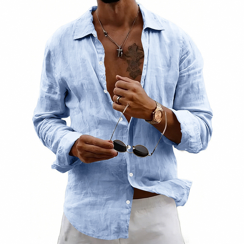 Clothes > Men's Clothing > Tops > Shirts  Men's Linen Shirt with Loose Lapels and Long Sleeves
