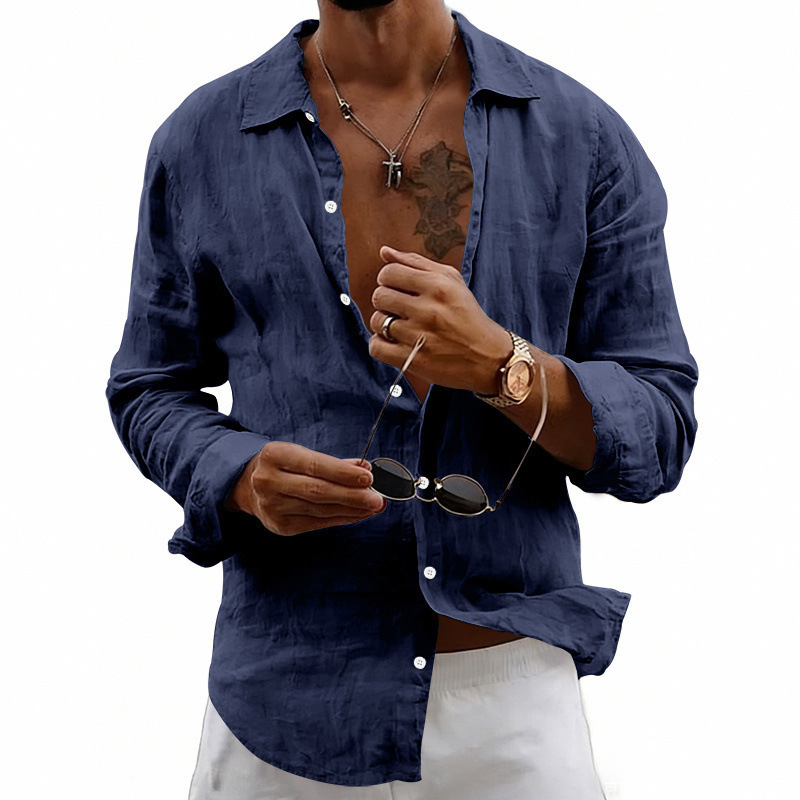 Clothes > Men's Clothing > Tops > Shirts  Men's Linen Shirt with Loose Lapels and Long Sleeves