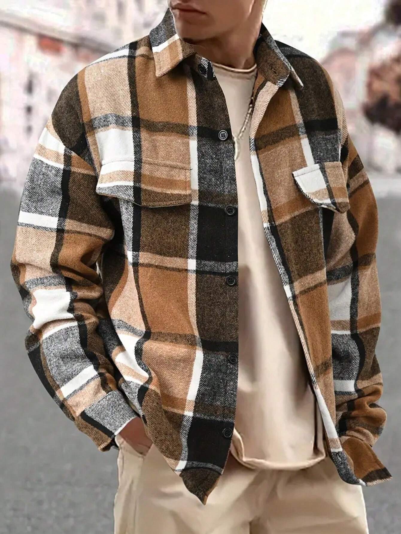 Clothes > Men's Clothing > Tops > Jackets & Coats  Men's Plaid Lapel Shirt, Long Sleeve Jacket