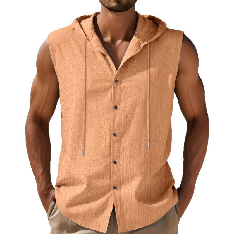 Clothes > Men's Clothing > Tops > T-Shirts  Summer Men's Loose Casual Linen Hooded Vest Sleeveless Trendy Hip-hop Shirt Linen Short-sleeved