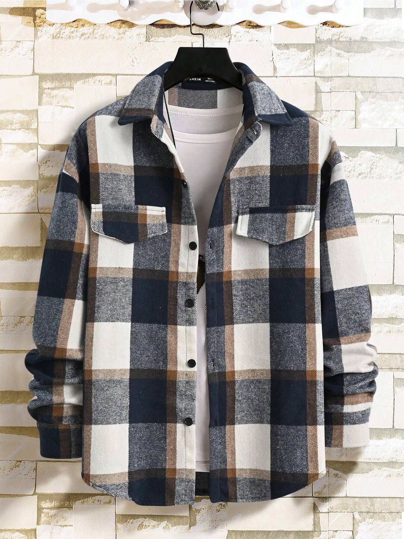 Clothes > Men's Clothing > Tops > Jackets & Coats  Men's Plaid Lapel Shirt, Long Sleeve Jacket