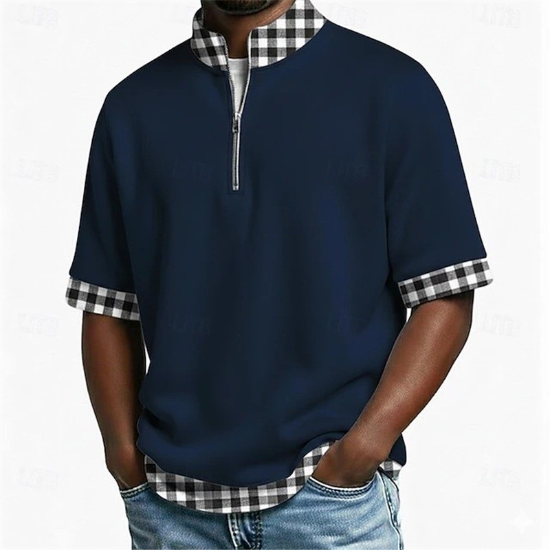 Clothes > Men's Clothing > Tops > T-Shirts  Men Short Sleeve Half Zip Lapel T-Shirt Plus Size Polo Shirt
