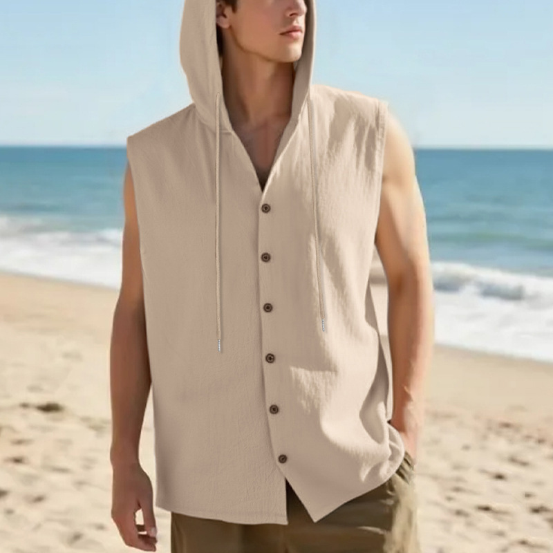 Clothes > Men's Clothing > Tops > T-Shirts  Summer Men's Loose Casual Linen Hooded Vest Sleeveless Trendy Hip-hop Shirt Linen Short-sleeved
