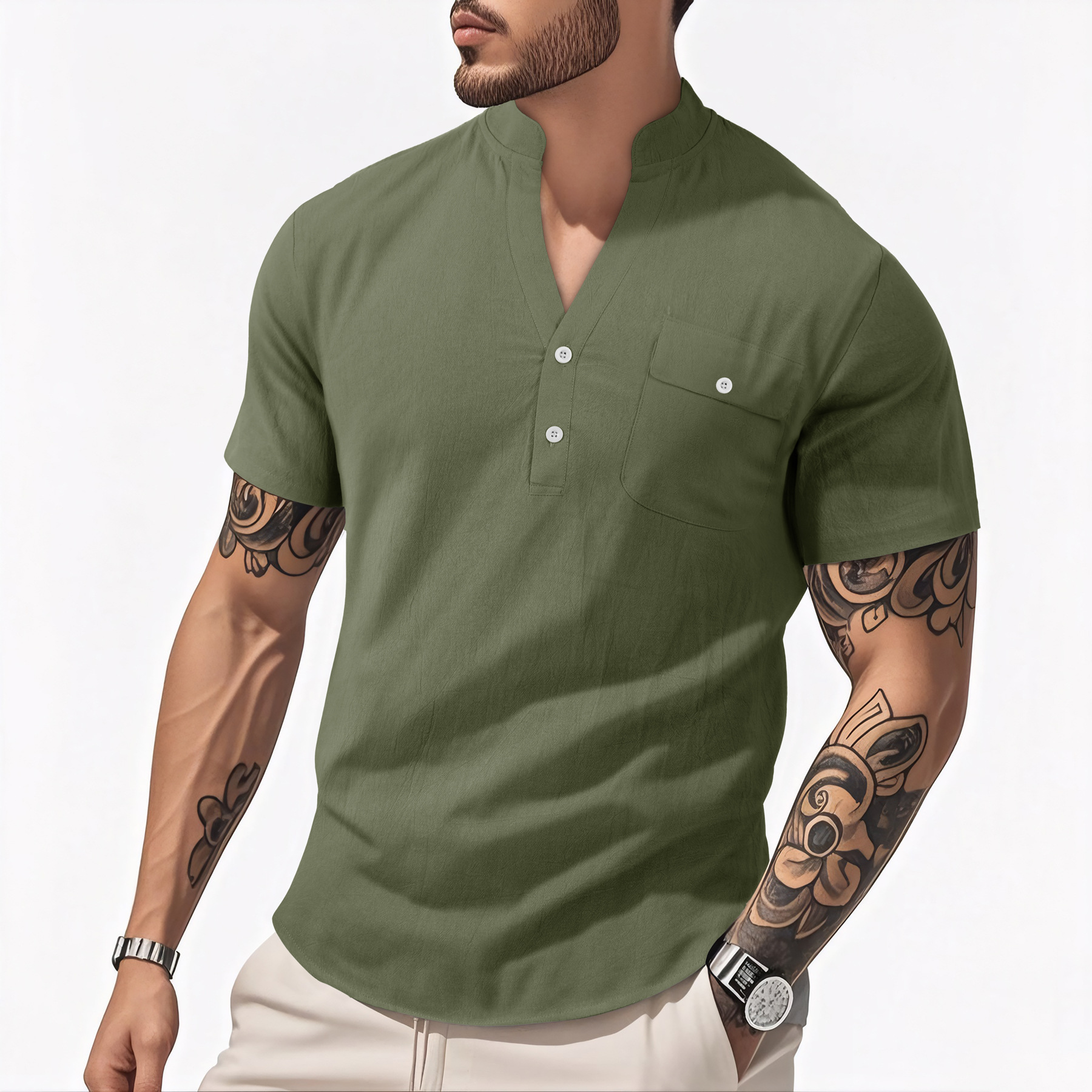Clothes > Men's Clothing > Tops > T-Shirts  Men's Loose Short Sleeve Cotton Linen Stand Collar Shirt