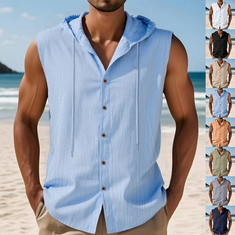 Clothes > Men's Clothing > Tops > T-Shirts  Summer Men's Loose Casual Linen Hooded Vest Sleeveless Trendy Hip-hop Shirt Linen Short-sleeved