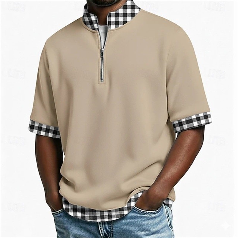 Clothes > Men's Clothing > Tops > T-Shirts  Men Short Sleeve Half Zip Lapel T-Shirt Plus Size Polo Shirt