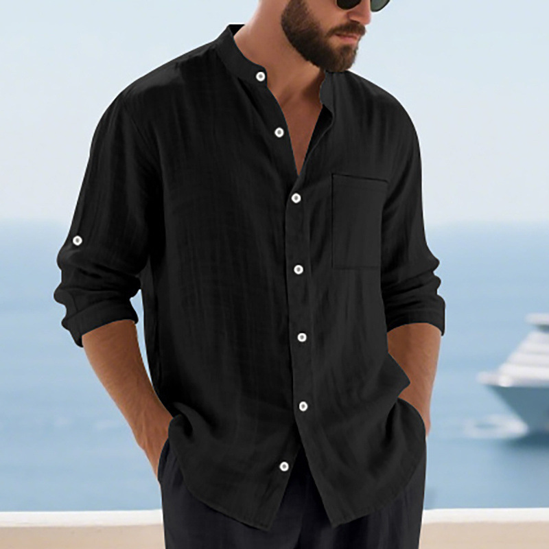 Clothes > Men's Clothing > Tops > Shirts  Men's Casual Cardigan Button-Down Shirt Henley Button Stand Collar Long Sleeve Shirt