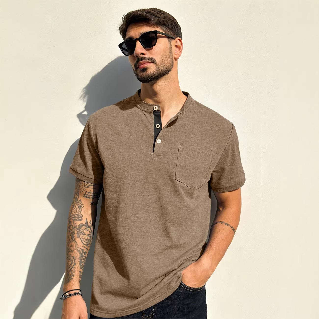 Clothes > Men's Clothing > Tops > T-Shirts  Summer Men's Shirt With Short Sleeves And Stand-up Collar