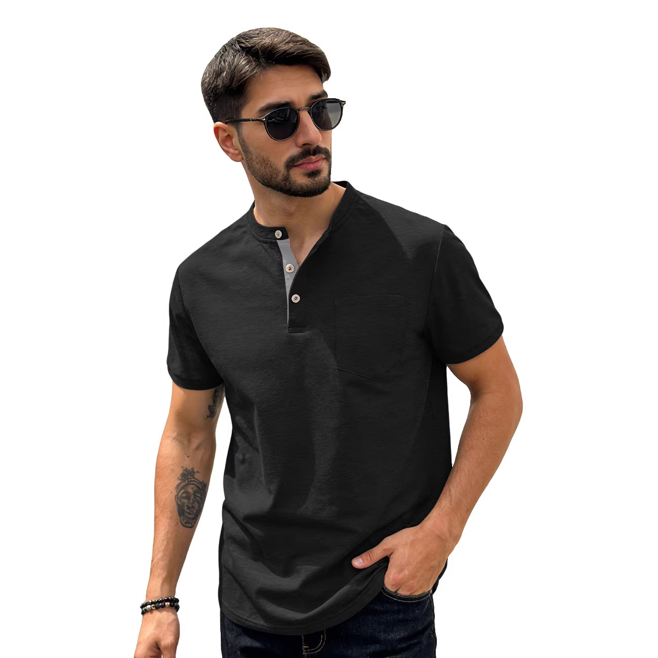 Clothes > Men's Clothing > Tops > T-Shirts  Summer Men's Shirt With Short Sleeves And Stand-up Collar