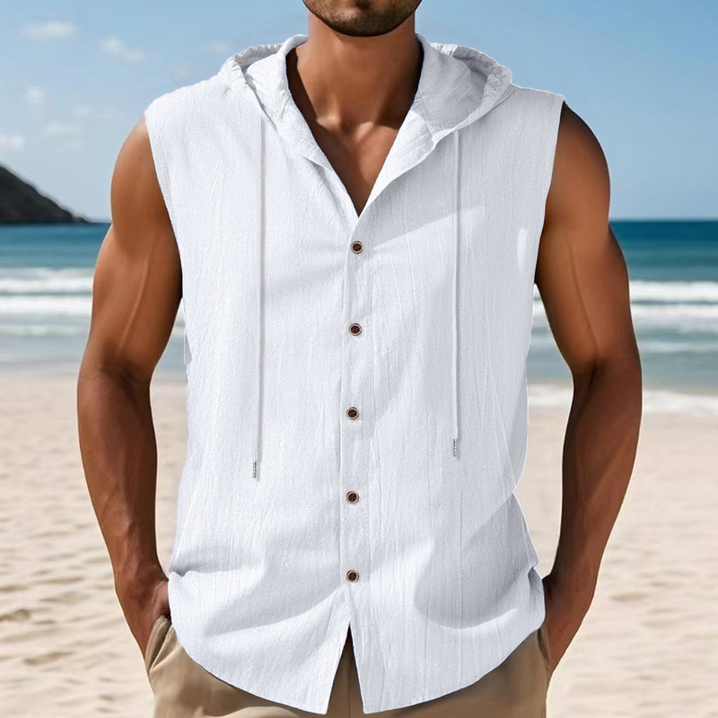 Clothes > Men's Clothing > Tops > T-Shirts  Summer Men's Loose Casual Linen Hooded Vest Sleeveless Trendy Hip-hop Shirt Linen Short-sleeved