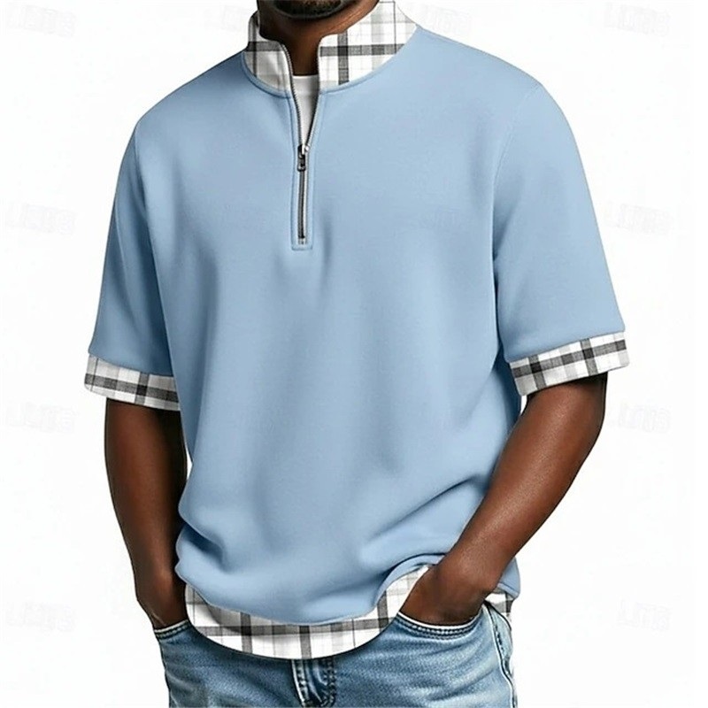 Clothes > Men's Clothing > Tops > T-Shirts  Men Short Sleeve Half Zip Lapel T-Shirt Plus Size Polo Shirt
