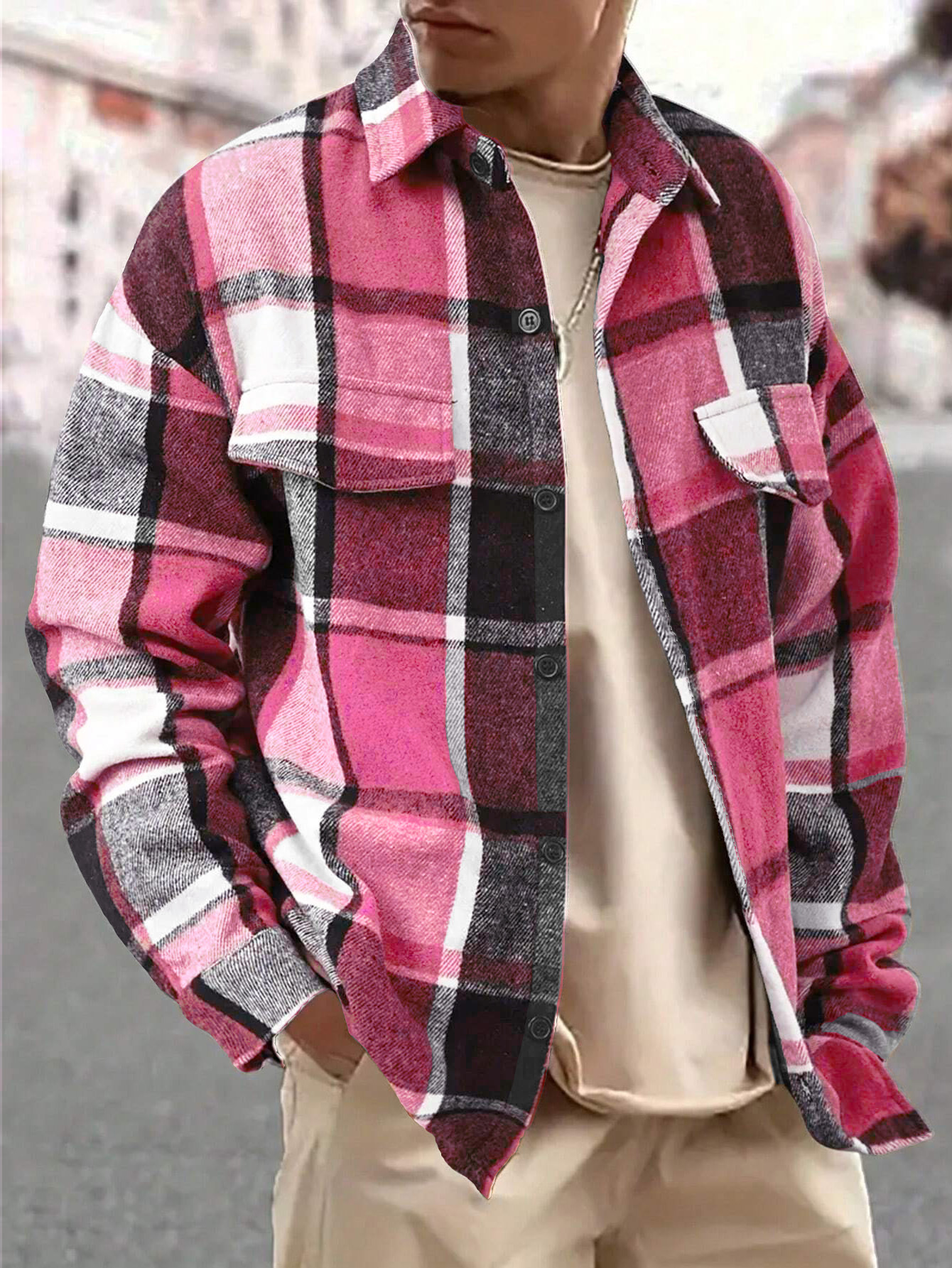 Clothes > Men's Clothing > Tops > Jackets & Coats  Men's Plaid Lapel Shirt, Long Sleeve Jacket